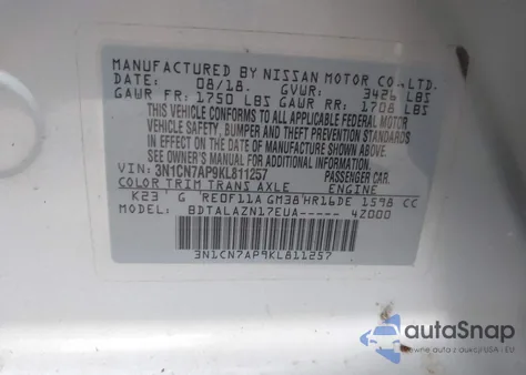 2019 Nissan Versa 1.6 S+ from USA, damaged, VIN 3N1CN7AP9KL811257